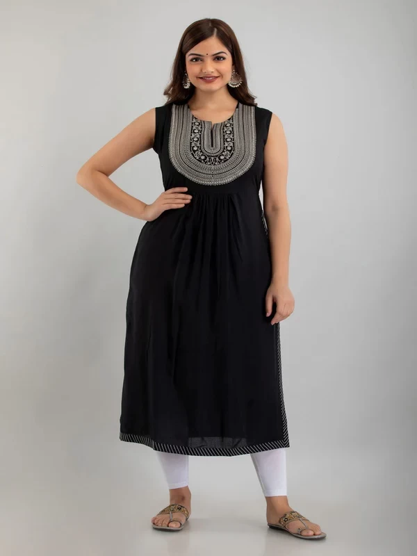 Rayon Embroidered Front slit Sleeveless Round Neck Calf Kurta