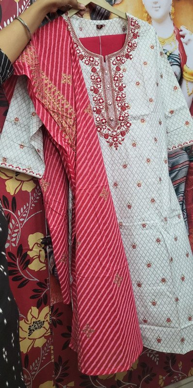 Pure Cotton White And Red Suit Set With Pant And Dupatta