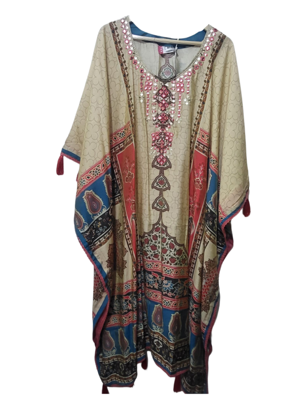 Women's Off-white Kaftan with Pant, long Length- Silk