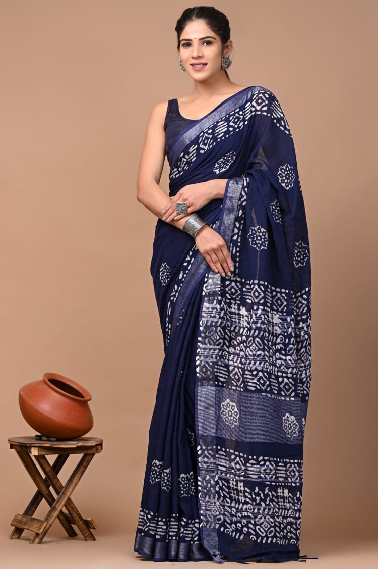 Pure Linen Sarees With BP (Blue Zodiac)