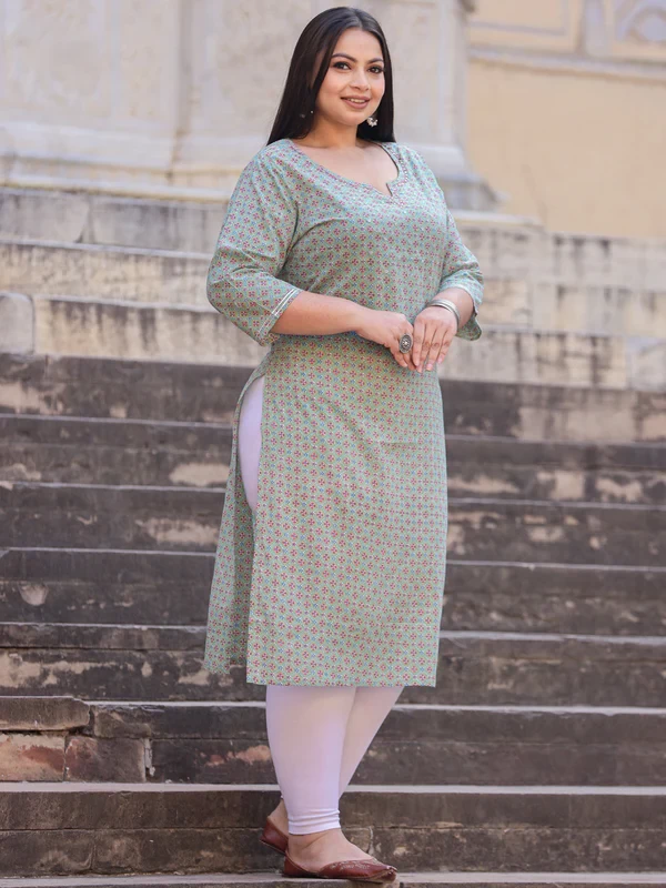 Straight Style Cotton Fabric Green Color Kurta