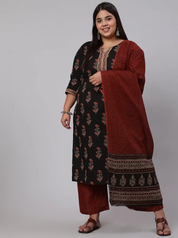 Plus Size Black Printed Straight Kurta With Palazzo & Dupatta