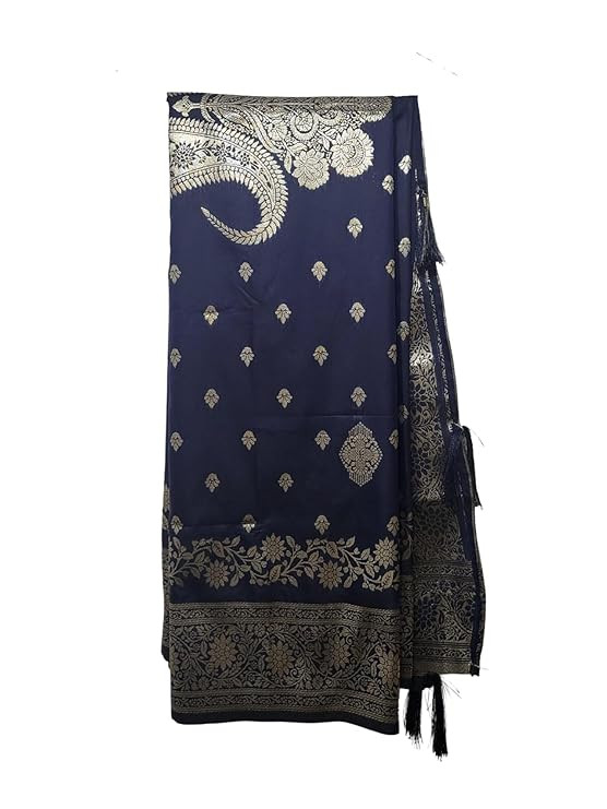 Traditional Banarasi Silk Saree, Navy Blue with Gold Floral Design, Tassels, Paisley Border