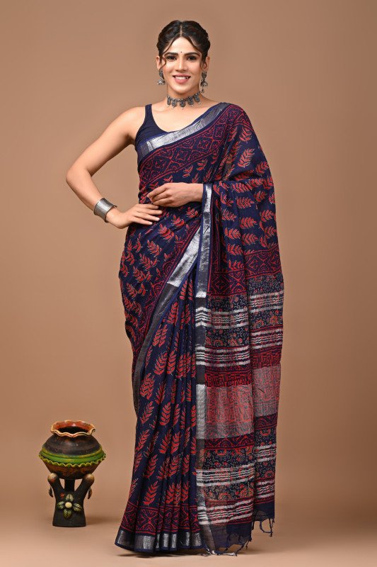 Pure Linen Sarees With BP (Black, Maroon)