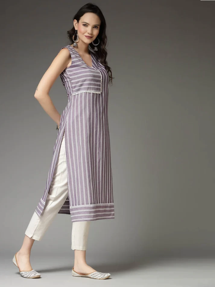 Woven Striped Cotton Blend Straight Kurta