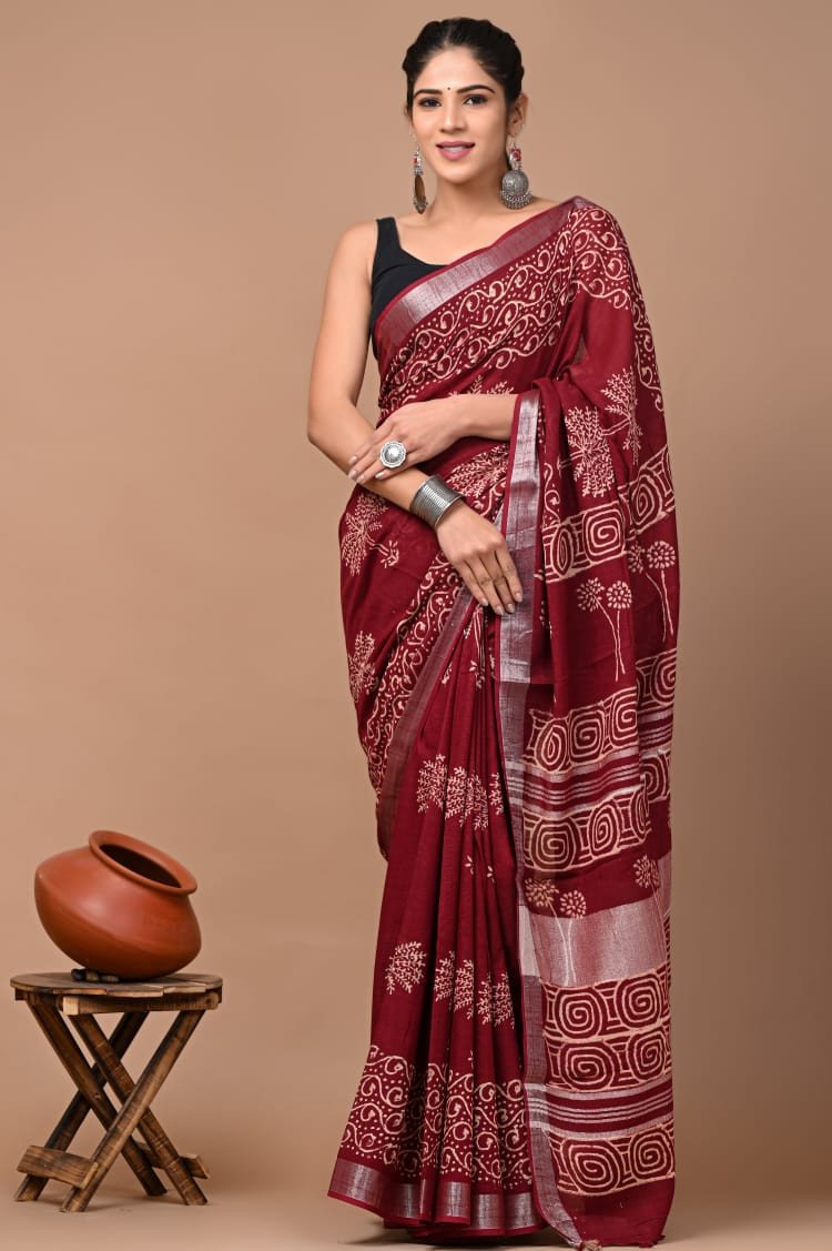 Pure Linen Sarees With BP (Merlot)