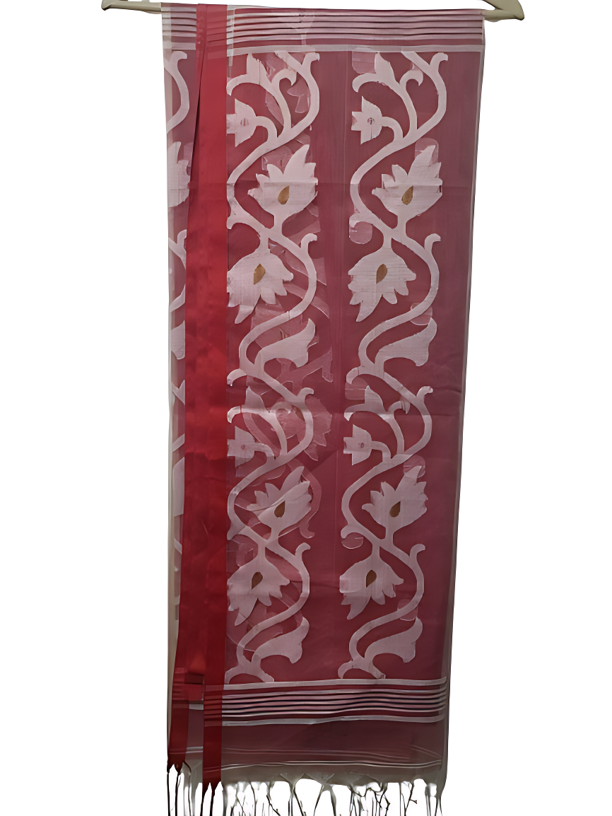 Muslin Jamdani Saree with Blouse Piece White and Red combination