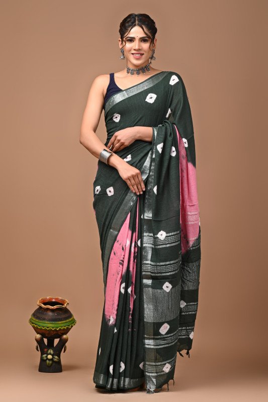 Pure Linen Sarees With BP (Dark Green)