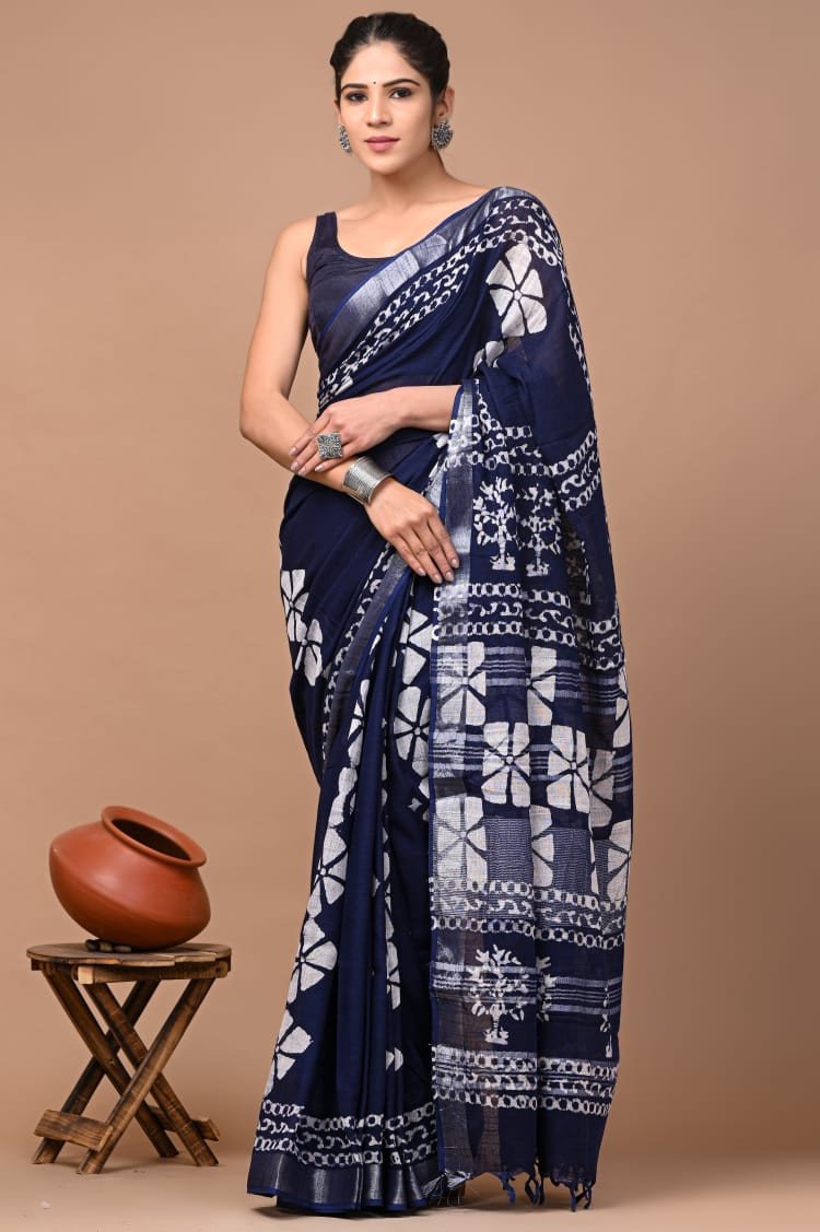 Hand block printed linen saree with blouse