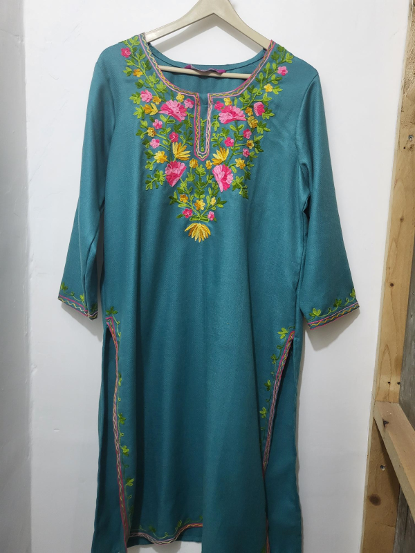 Kashmiri Work On Semi Pashmina - Kurti And Pant Set