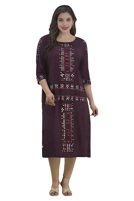 Women's Wine Color - Kurti and Pant Set, Pure Cotton