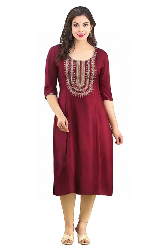 Women's Deep Maroon Blended Silk embroidered Kurti and Pant Set