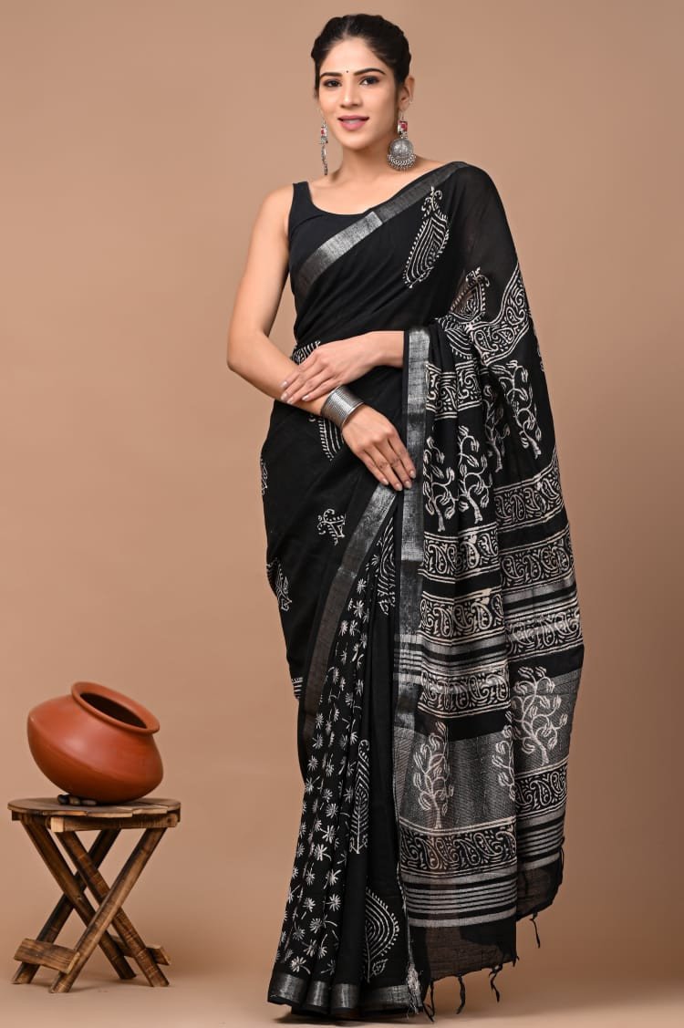 Pure Linen Sarees With BP (Black)