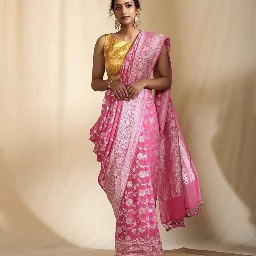 Pure Banarasi Khaddi Georgette Silk Saree Handloom Made With Silk Trade Mark