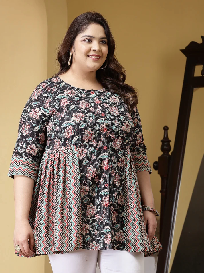 Plus Size Floral Printed Cotton Peplum Top