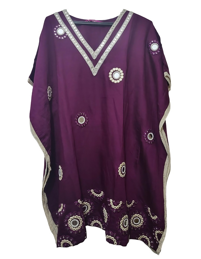 Women's Dark Purple Short Kaftan Kurti with Pant- Blended Cotton