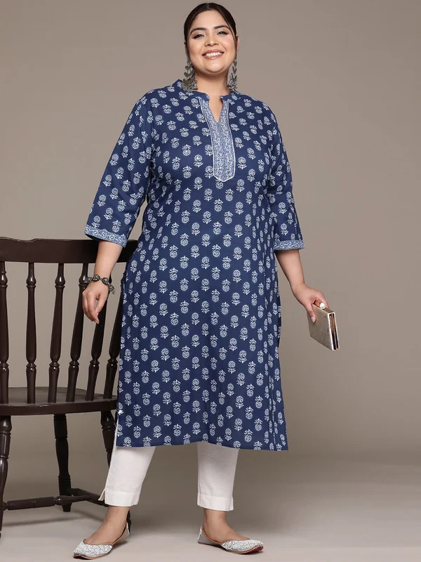 Plus Size Straight Style Cotton Fabric Navy Blue Color Kurta