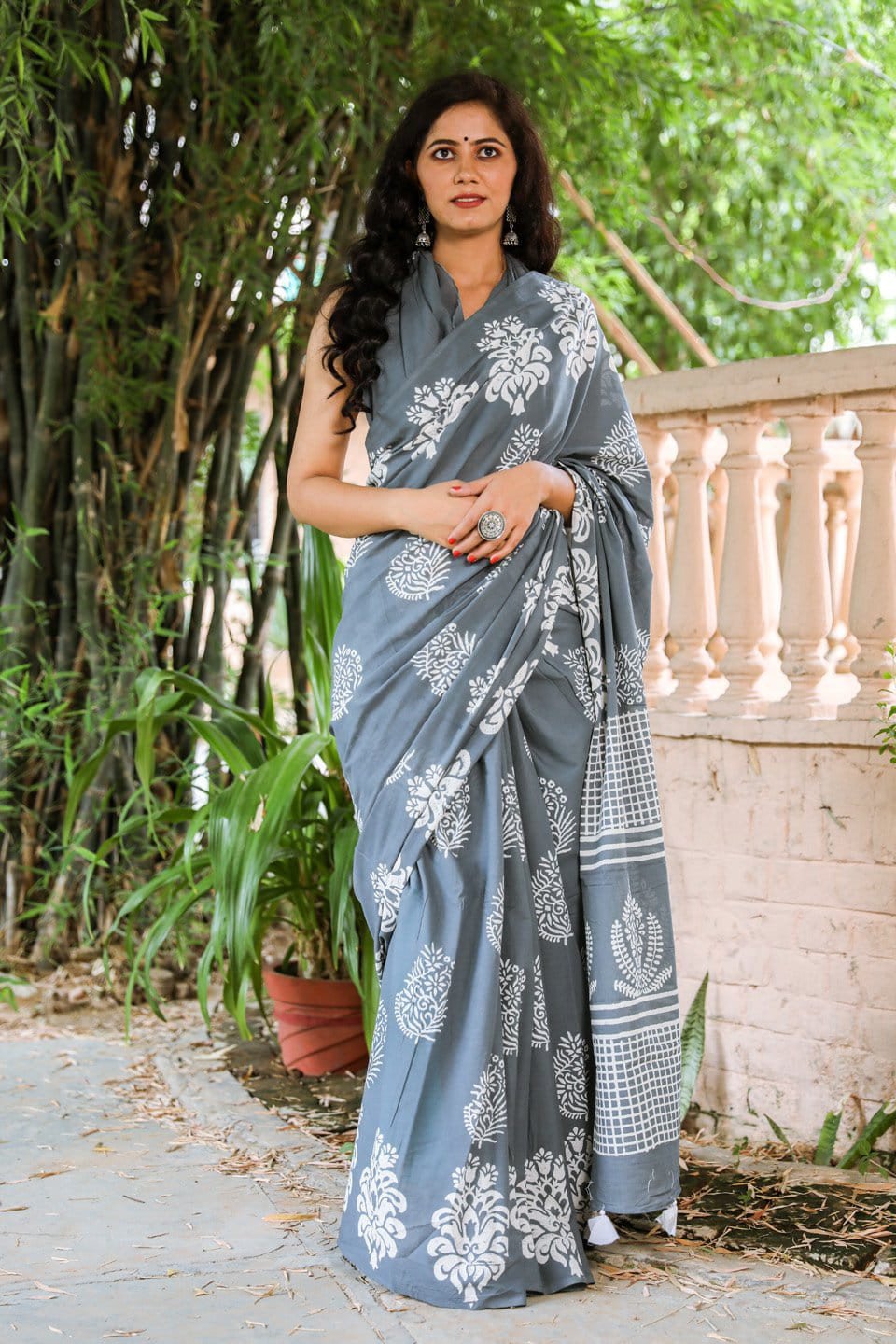 Cotton Mulmul Saree With Blouse Piece Natural Hand Block Printed
