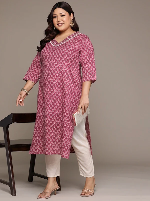 Plus Size Straight Style Cotton Fabric Burgundy Color Kurta