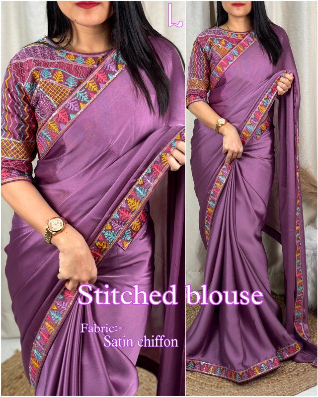 Plan Solid Saree With Embroidery Lace & Stitched Blouse