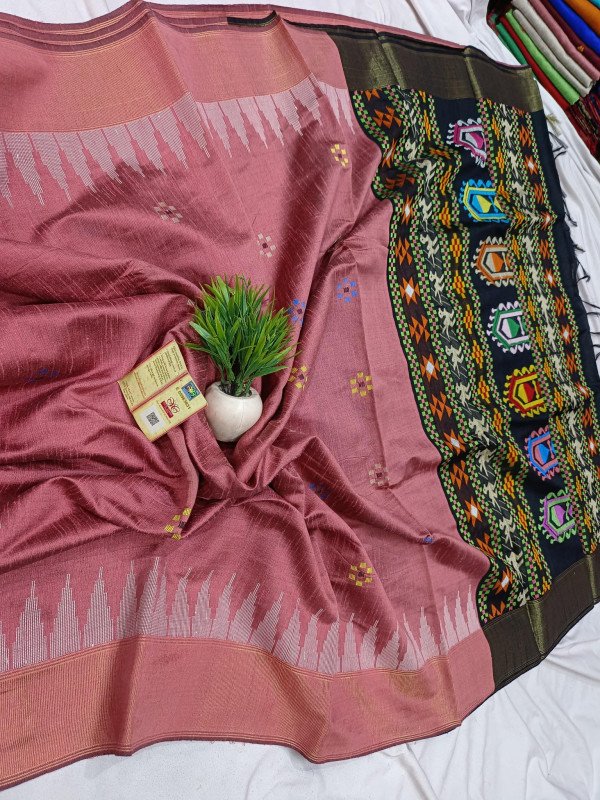 Pure Raw Silk Handloom All Over Body Booti Dolabedi Pallu Khapa Temple Border Saree With Contrast Blouse