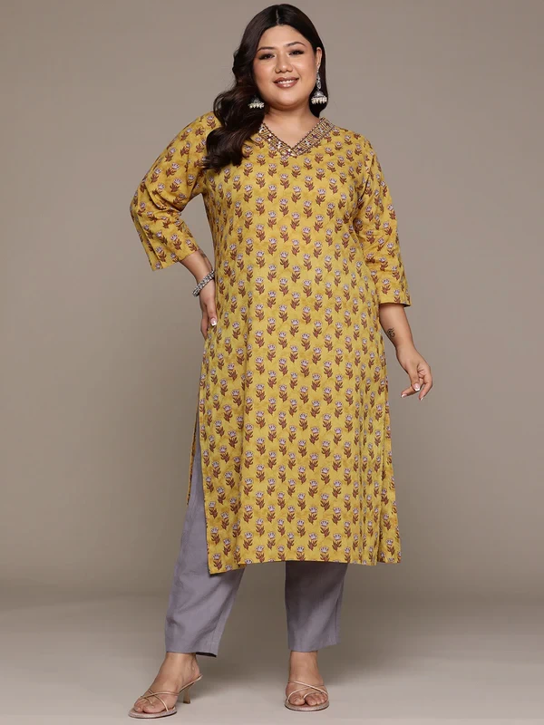 Plus Size Straight Style Cotton Fabric Mustard Color Kurta