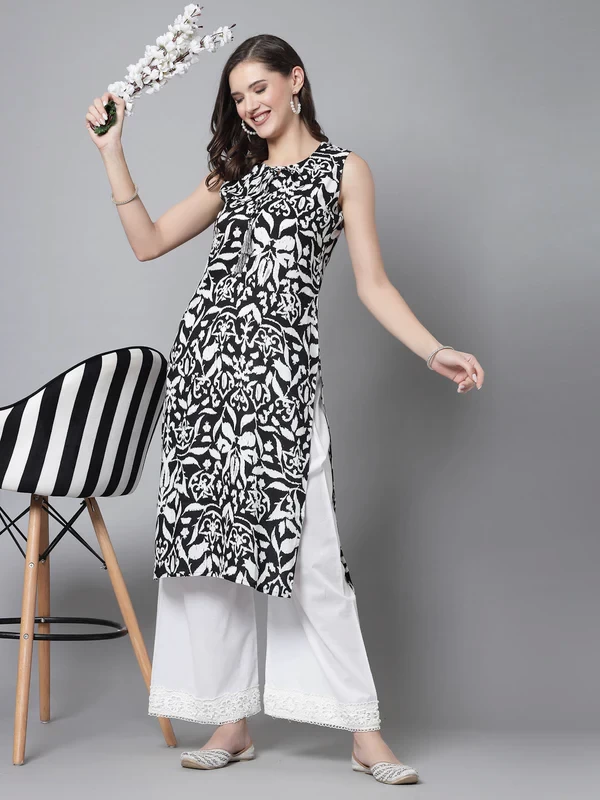 Sleeveless & Round NeckRayon Foral Print Kurta