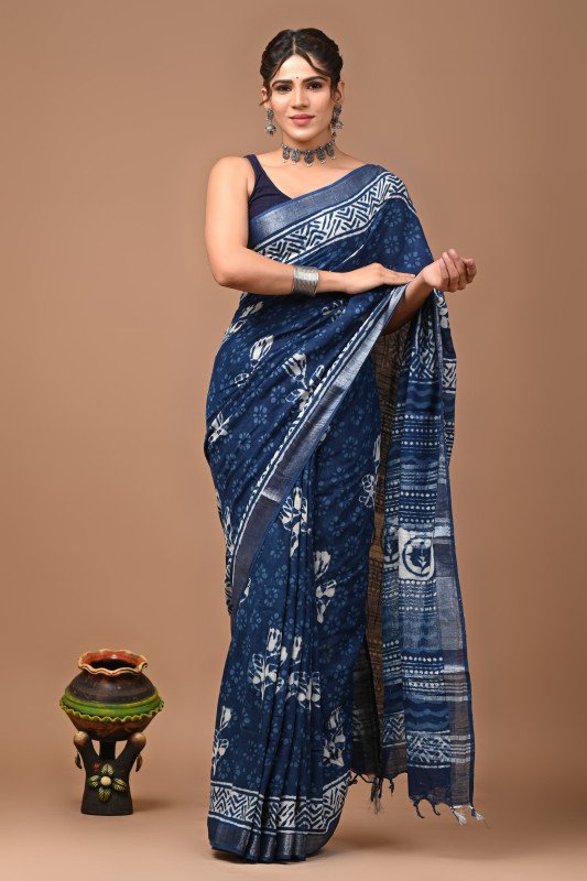 Pure Linen Sarees With BP (Dark Blue)