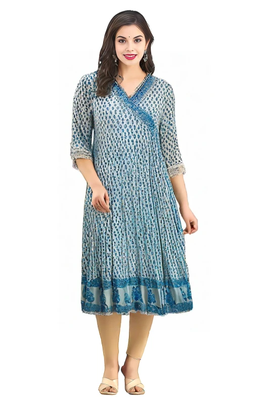 Women's White and Sky-Blue Kurti, Pant and Dupatta Set, Angrakha - 100% Cotton