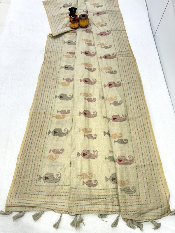 Premium Khadi Tussar Silk Saree With All Over Traditional Thread Work