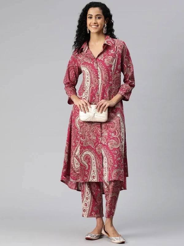 A Line Style Cotton Fabric Red Color Kurta And Bottom