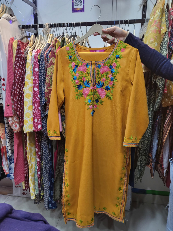 Kashmiri Mustard Colour Kurti And Pant Set Ideal Wear For Winters